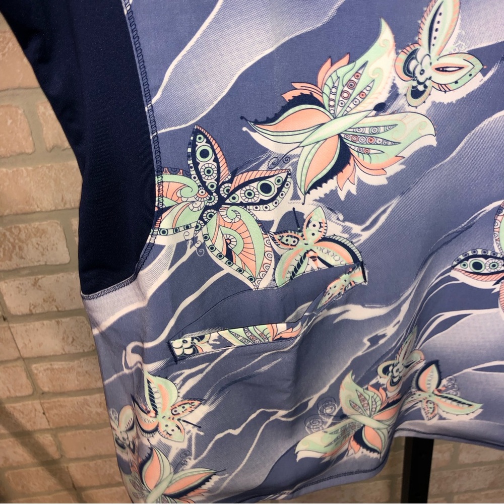 Healing Hands Purple Label Yoga Zip V-Neck blue butterfly pattern scrub top - Picture 4 of 10